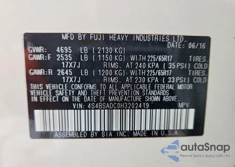 2017 Subaru Outback 2.5I Premium z USA, uszkodzony, nr VIN 4S4BSADC0H3202419